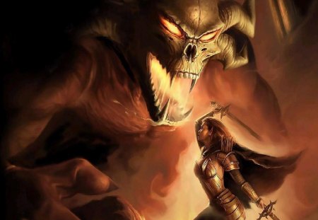 Fighting A Demon - woman, fantasy, swords, demon