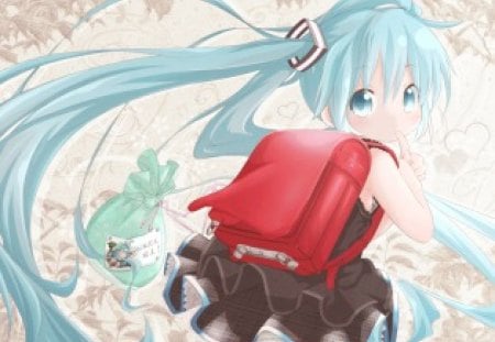 Hatsune Miku - aqua, music, anime girl, white, amazing, art, cool, aqua eyes, little girl, artistic, little, hatsune miku, skirt, song, bag, stunning, vocaloids, school uniform, program, vocaloid, beautiful, leaves, uniform, lunch bag, diva, beauty, nice, twintail, singer, aqua hair, black, virtual, pretty, idol, anime, miku, cute, twin tail, kid, girl, lunch, chibi, school, loli, cg, hatsune, red, blue, awesome, panties, digital, outfit, school bag