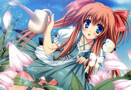 Makina Tomoe - makina tomoe, pink, water, flowers, anime, nursery rhyme, anime girl, sky, turquiose