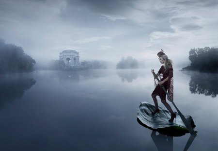 A Lady, A Lake, and a Fairy Boat - lake, erik almaas photo manipulation, lady, journey, leaf