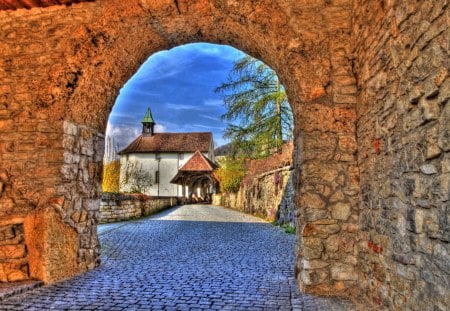 Open Gate to Castle - gate, road, castle, wall