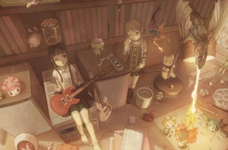 Good Times - guitar, music, anime, instrument, girl, cute, room, lazy