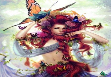 Butterfly Girl - flower, sex, rose, cool, beauty, butterfly girl, hot, nail polish, red hair, long hair, fantasy, flower hair, butterfly, smile