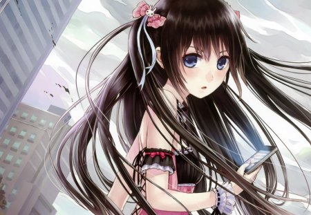 Ipod Girl - twin tails, anime girl, female, flower hair, hot, blush, city, brown hair, cool, long hair, music, cute, ribbon, ipod girl, sexy