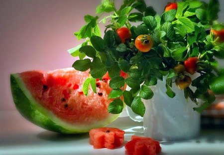 Still life - nice, autumn, water melon, room, bouquet, still life, pretty, green, table, harmony, summer, berries, vase, fruit, beautiful, red, leaves, flowers