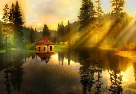 Sun stream to the lake - cabin, light, reflection, sun stream, shore, riverbank, lake, nice, cottage, sky, sun, clouds, house, sunlight, trees, beautiful, lovely, lakeshore, river, nature, rays