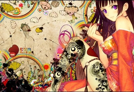 Artistic Anime Lady - artistic, anime, female, girl, colors, kimono, tatto, rainbow, lady, cute