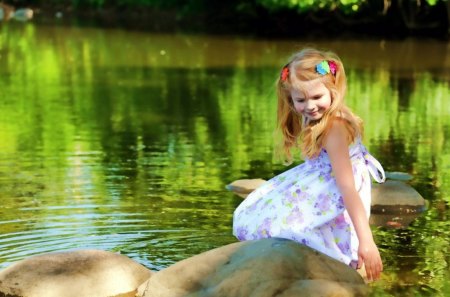 Summer's Enjoyment - lake, girl, reflection, summer, rocks