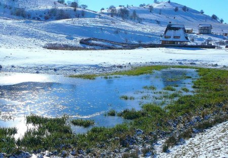 farms way up north - winter, hills, farms, pond