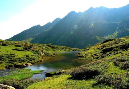 Mountain River - sunlight, river, nature, fields, green, mountain