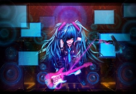 Miku rock ;3 - guitar, music, miku, hatsune, pink