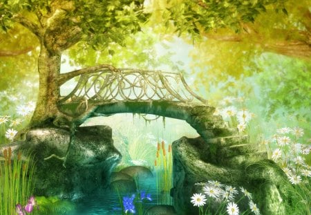 BRIDGE TO THE FOREST - fantasy, golden, forest, bridge