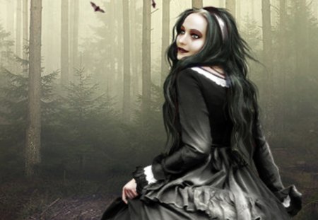 Vampire In A Forest - vampire, girl, forest, dark