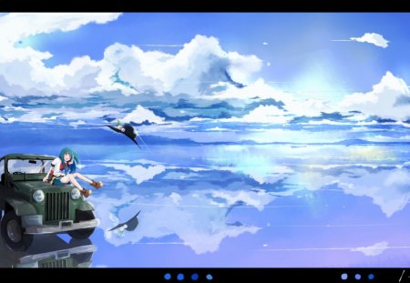 Beautiful Sky - cute girl, anime girl, fantasy, car, nature, birds, touhou, world, anime, original, dress, sky, long hair, tagme, scentic, fantasy girl, reflection, clouds