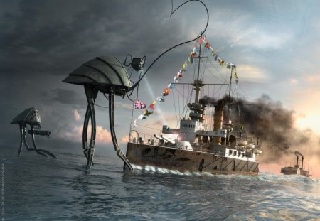 ALIEN_ATTACK - water, aliens, boat, clouds