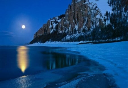 Blue_nights - snow, moon, water, mountains