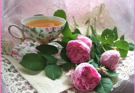 Tea Time with Roses - flowers, tea time, still life, roses