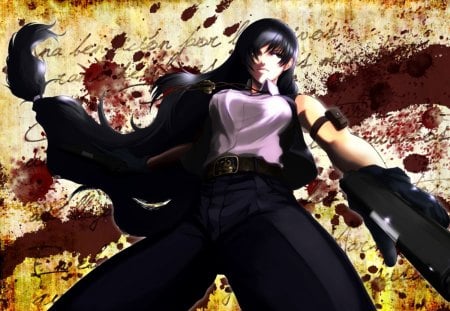 black lagoon - blood, anime, revy, gun, black lagoon, girl, long hair, gloves