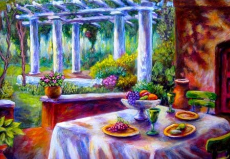 LEISURE & PLEASURE - garden, painting, table, leisure, fruits, chair