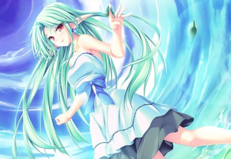 Cecile Absentia - anime, anime girl, water, summer, blue, cecile absentia, green, magus tale, sky