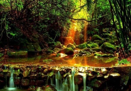 ON GOLDEN POND - sunrays, forests, waterfalls, trees, sparkle, water, ponds, sunshine