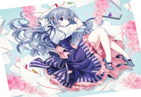 Yamiko - female, long hair, blue hair, ribbon, blue eyes, anime girl, laying, hot, beauty, cool, flower, yamiko, high heels, cute, paper, sexy, bow, crayon, drawn