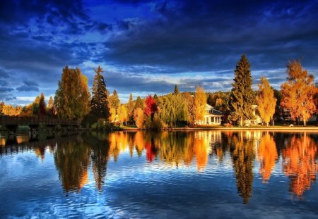 Autumn reflection - summer, blue, island, reflection, shore, riverbank, lake, golden, sky, clouds, trees, water, beautiful, colors, lakeshore, colorful, river, nature, autumn