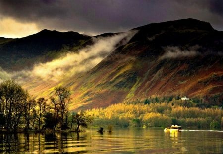 Voyage to the misty mountains - calm, hills, boat, island, reflection, mountain, misty, shore, riverbank, lake, golden, nice, sky, canoe, storm, trees, water, beautiful, travel, lovely, lakeshore, afternoon, slopes, voyage, river, nature, waves, peaceful