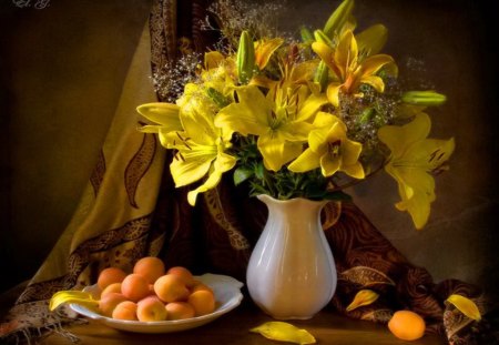 Still life - pretty, yellow, room, leaves, flowers, curtain, yummy, nice, fruits, vase, delicate, beautiful, table, lovely, still life, petals, appricot, peach, plate, nature, soft