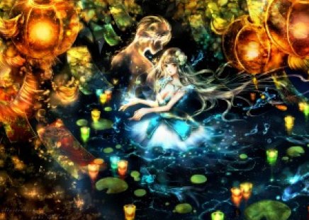 Yuki Mami - female, gold fish, light, long hair, male, anime girl, ghost, spirit, water, flower hair, hot, candle, brown hair, cool, pray, yuki mami, sexy, fish