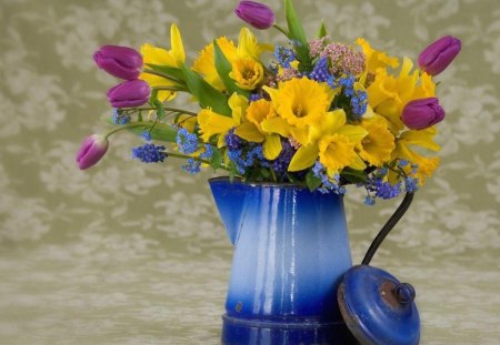 IN GRANDMA'S KITCHEN - flowers, coffee carafe, tulips, blooms, yellow, blue, kettle, daffodils