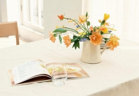 STILL LIFE IN WHITE - flowers, roses, table, books, bouquet, still life, glass, linen