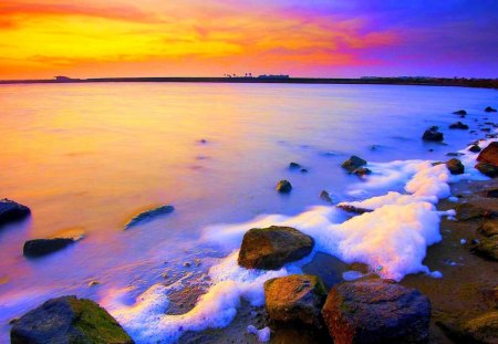 colorful seascape - foam, beach, sunset, sea, colors