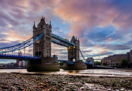 Cloudy Sky over Tower Bridge - tower bridge, sky, water, clouds, evening