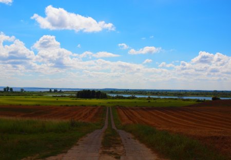 road - sky, pole, fields, road