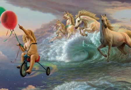 DIRECTING THE WAY HOME - sky, animals, fantasy, painting, oceans, horses, balloons, children, tricycles, kindness, sea