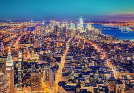 fabulous new york city at night - city, bridge, lights, river