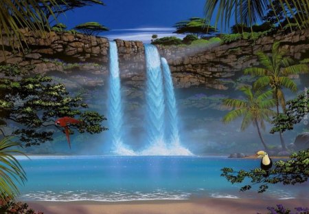 Waterfall - palms, nature, waterfalls, bird