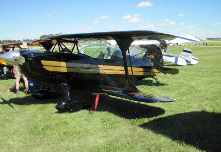 Airplane at the air show in Alberta 06 - sky, airplane, black, gold, private planes, blue, green, grass