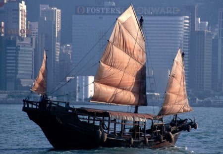 chinese junk - city, harbor, hong kong, sailing, sea