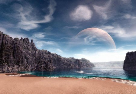 alien world - moon, beach, clouds, blue sky, sea, cliffs