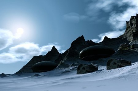 mountain base - mountains, clouds, blue sky, buildings, snow