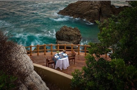 Dinner by the Sea - oceans, table, sea, dinner