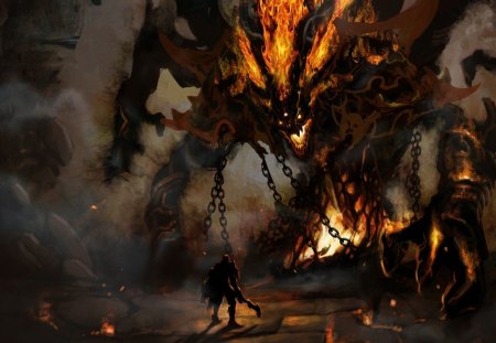 fighting monster - monsters, art, aion, artwork, knights, fantasy, fire, demon