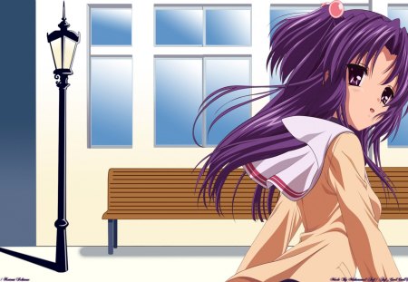 School Girl ... - windows, purple hire, wooden chairs, school, girl, light pole, purple eyes