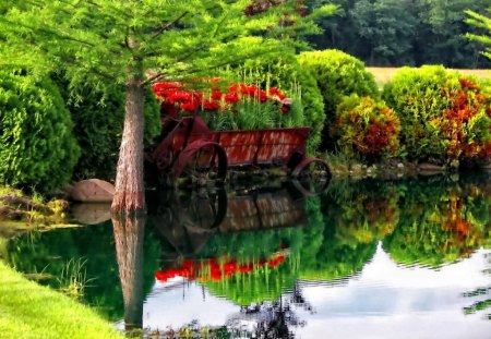 Cart with flowers in pond - greenery, summer, cart, pond, beautiful, grass, lovely, reflection, flowers, river, shore, nature, riverbank, green, lake, nice