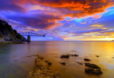 SUNSET SCENERY - sunset, coast, beach, ocean, bridge