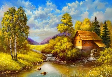 Peaceful countryside place - nice, cottage, autumn, sky, trees, peaceful, riverbank, countryside, water, stream, creek, calm, painting, reflection, calmness, clouds, river, house, bridge, summer, shore, place, mill, lovely, nature, village, beautiful, stones, cabin