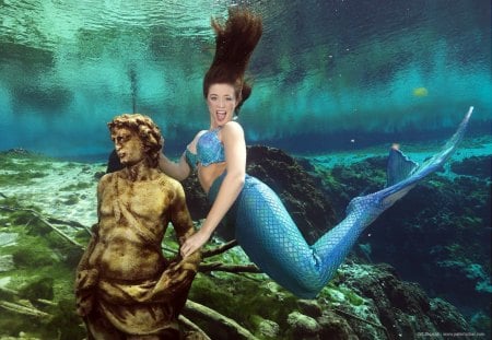 Beautiful mermaid - smile, mermaid, beautiful, underwater, long hair, statue