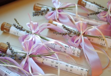 Musical messages♥ - lavender, glass tube, musical, entertainment, robbon, love, pink, music, message, soft, bow, notes